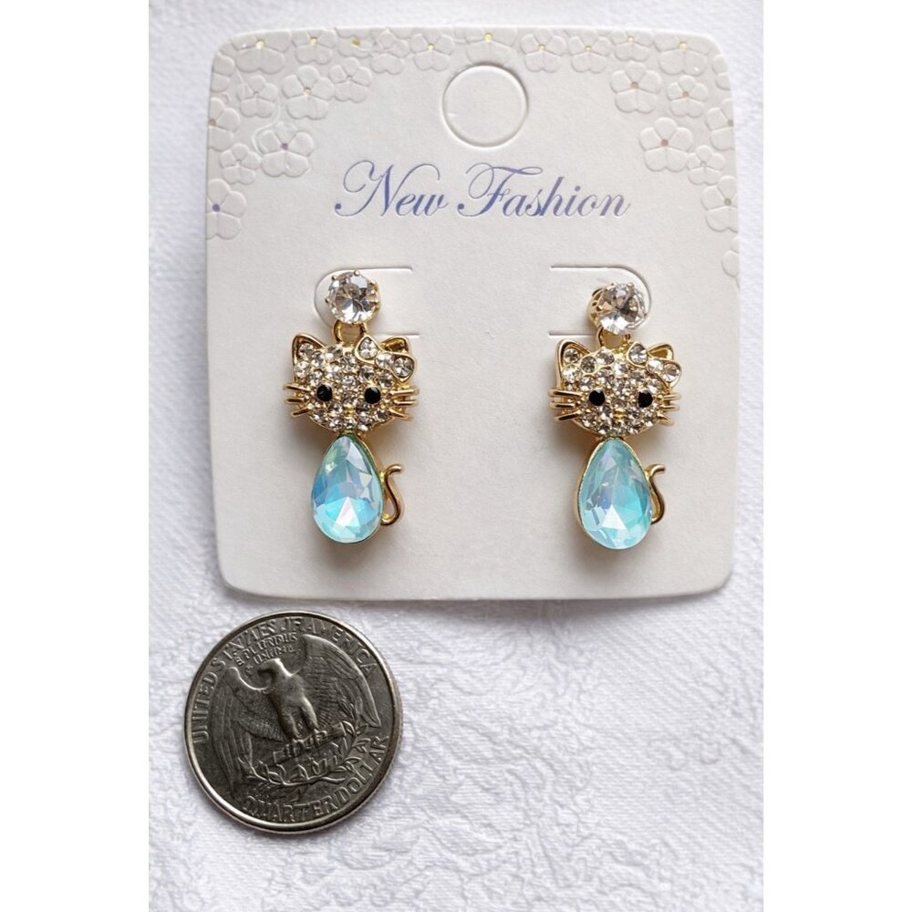 HELLO KITTY Blue Gold-Tone Rhinestone Stud Dangle Earrings Colorful NEW